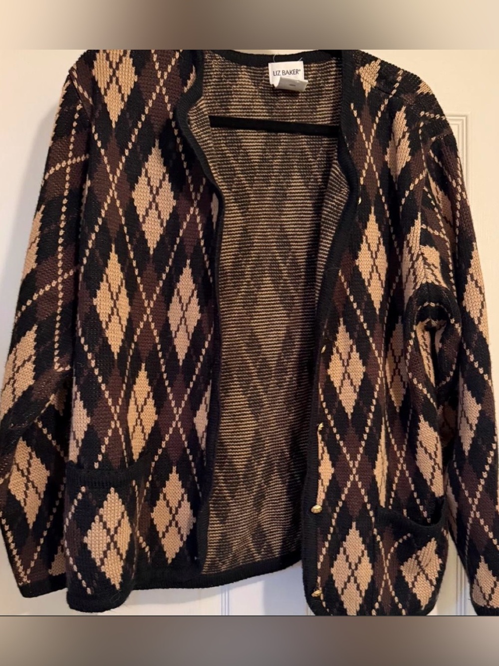 Vintage Liz Baker Argyle Knit Cardigan Sweater Size Large Brown Gold Grannycore